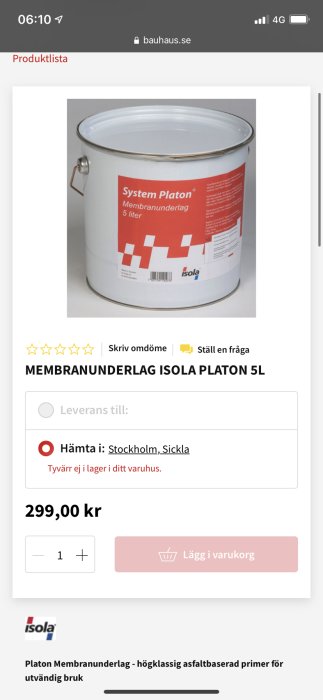 Hink med System Platon membranunderlag på en webbshopssida, 5 liter, med pris och recensionsstjärnor.