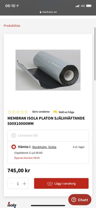 Rulle av Isola Platon självhäftande membran för tätning i byggprojekt.