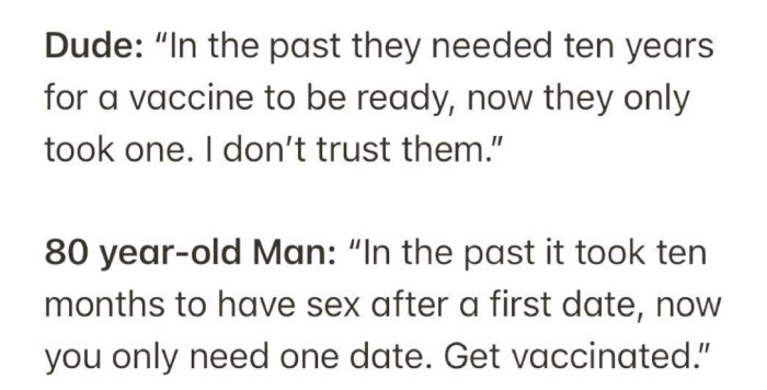 Textdialog mellan en kille och en 80-årig man om förtroende för vacciner och dejting.