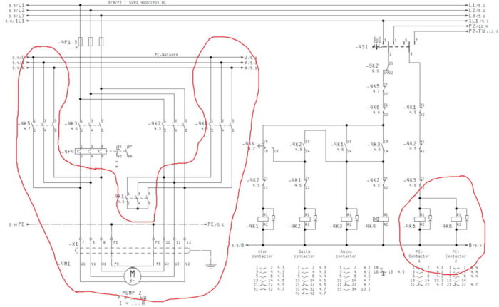 Elektriskt schema med två kontaktorer markerade, indikerar del av kraftkrets för Y/D-start och frekvensomformardrift.