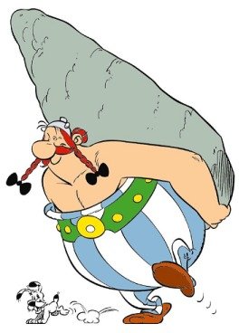 Tecknad bild av Obelix som bär en stor sten på ryggen medan hunden Idefix springer bredvid.