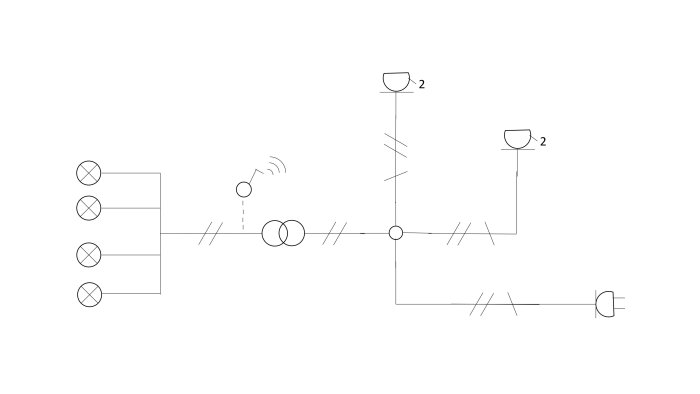 Skiss över ett elektriskt kopplingsschema med symboler för vägguttag, strömbrytare och lampor.