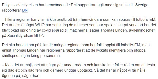 Skärmdump av en nyhetstext som diskuterar klusterutbrott av smitta kopplade till fotbolls-EM-supportrar.