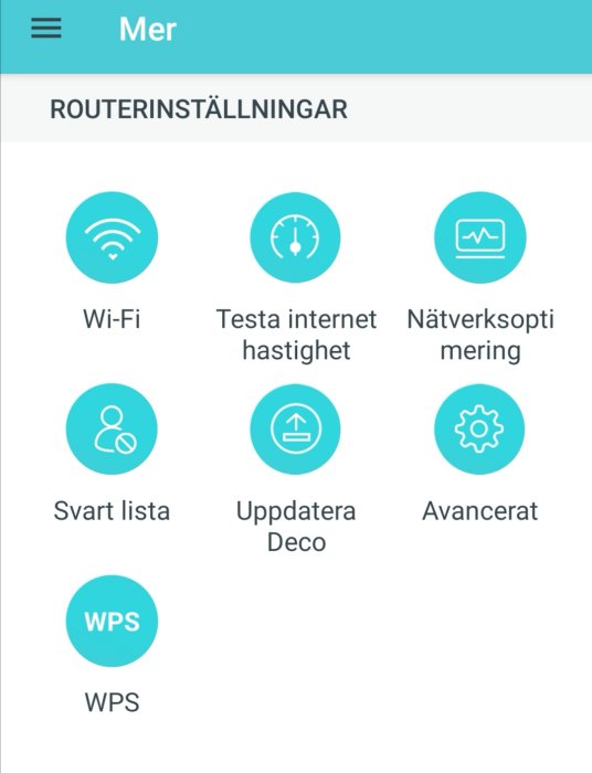 Skärmdump av routerinställningar med alternativ för Wi-Fi, test av internethastighet, nätverksoptimering, svart lista, uppdatera Deco, WPS.