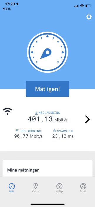 Wifi-hastighetstest visar 401,13 Mbit/s nedladdning och 96,77 Mbit/s uppladdning.