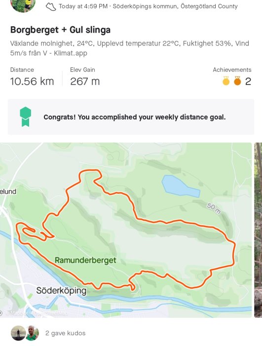 Skärmklipp av en app som visar en avklarad löprunda på 10,56 km med en höjdökning på 267 m markerad med röd linje på karta.