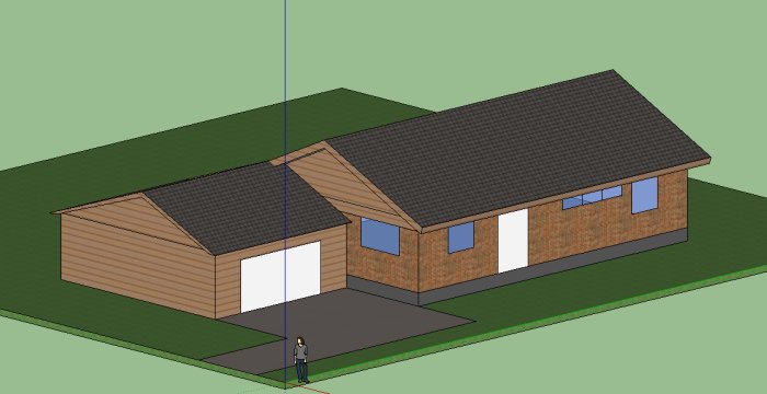 3D-illustration av ett dubbelgarage anslutet till ett hus, planerad portbredd på 5 meter.