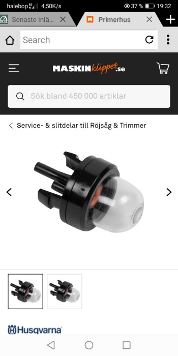 Primerhus till röjsåg eller trimmer, svart med genomskinligt bubbla, på en webbutikssida.