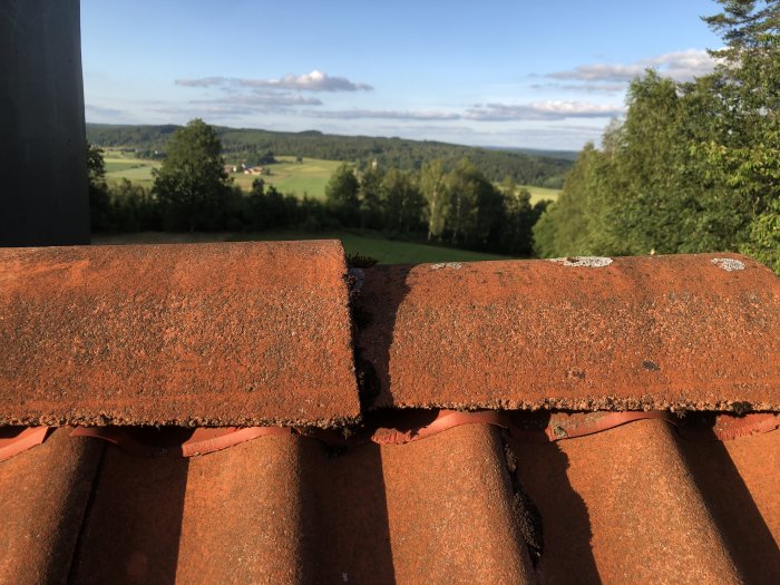 Utsikt från ett tegeltak med sliten tätning under nockpannor, i behov av reparation.