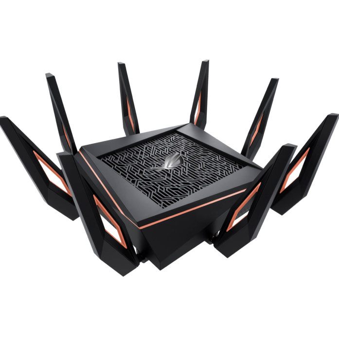 Futuristisk ASUS-router med åtta vinklade antenner och detaljer som påminner om Star Wars.