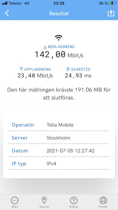 Skärmdump från Bredbandskollen som visar hastighetstestresultat för mobilt bredband.