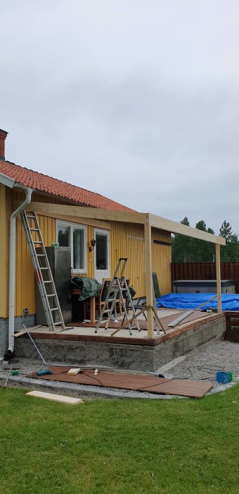 Uterum under renovering med oskyddat putsat område och påbörjat trädäck vid gul husvägg.