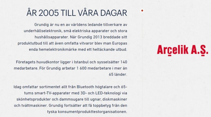 Textdokument som beskriver Grundig's historia från 2005 till idag, med Arcelik A.Ş. logotyp.