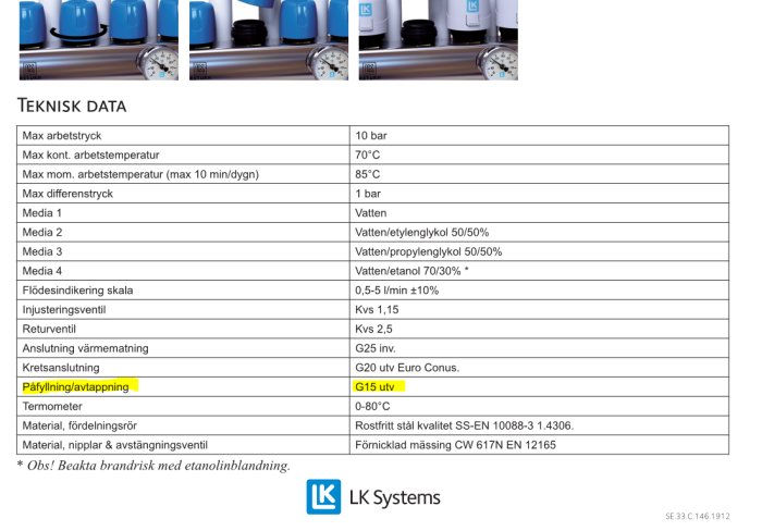 Dokumentation av tekniska data för LK Systems med markering på G15-anslutningen.