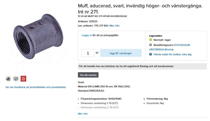 Svart rörnippel med höger-/vänstergängning för installation i T-rör.