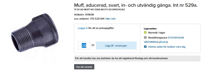 Svart aducerad muff med högergängad utvändig och vänstergängad invändig gänga för T-rör installation.