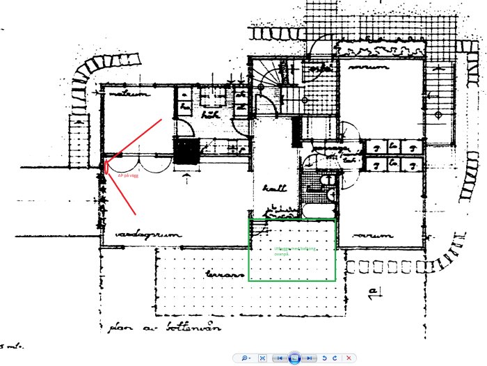 Svartvit planskiss av ett hus med markerade områden för nätverksinstallation och noterad text "AP på vägg".