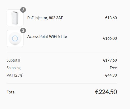Skärmbild av en online orderbekräftelse som visar en PoE-injektor och Wi-Fi 6 Lite accesspunkt med priser och total kostnad.