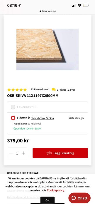 OSB-skiva visas på en webbplats med priset 379 SEK, reflekterande prisökningar nämnt i inlägget.