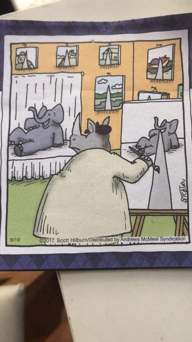 Tecknad bild av en elefant som målar en självporträtt på en staffli med en betydligt smalare version av sig själv.