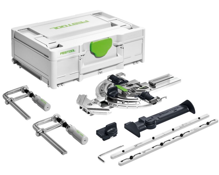 Festool verktyg och tillbehör inklusive förvaringslåda och guide-räls på vit bakgrund.