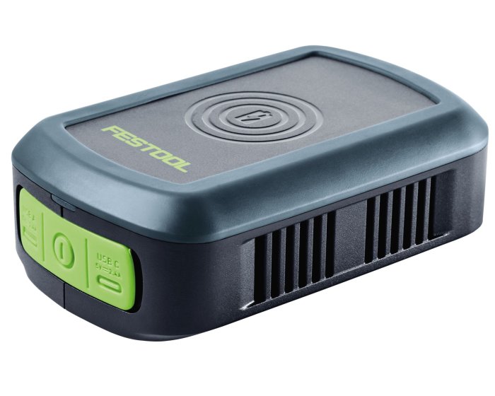 Festool märkt batteripack med USB-C och gröna knappar.