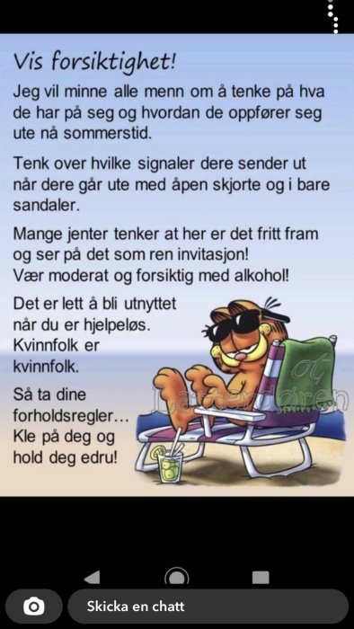 Tecknad bild av avslappnad tiger med solglasögon på strandstol, dricker från ett glas med sugrör.
