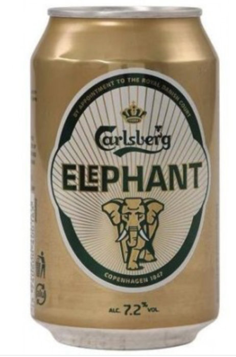 Carlsberg Elephant ölburk med elefantlogo och alkoholhalt 7.2%