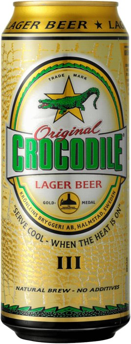 En ölburk med texten "Original CROCODILE Lager Beer" och en bild av en krokodil på etiketten.