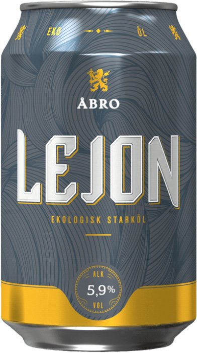 Burk med Abro Lejon ekologisk starköl, 5,9% alkohol.