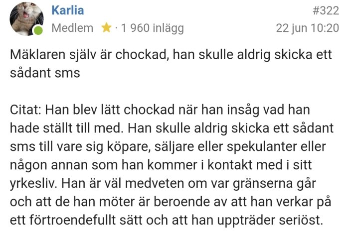 Skärmdump av forummedlems inlägg om mäklare med chock-emoji som profilbild.