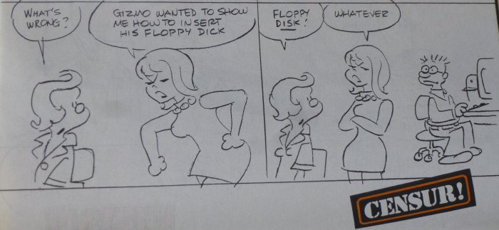 Illustration av en tecknad konversation där en kvinnlig karaktär missförstår tekniska termer.