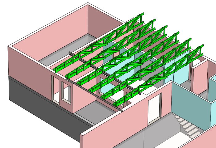 3D-modell av ett hus med öppen planlösning, gröna takstolar och föreslagen 260mm I-balk.