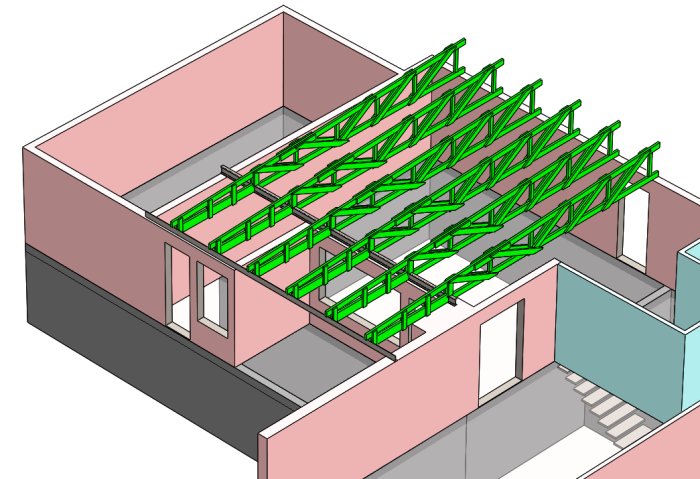 3D-modell av ett hus med gröna takstolar, synliga mellanväggar och grå bjälklag.