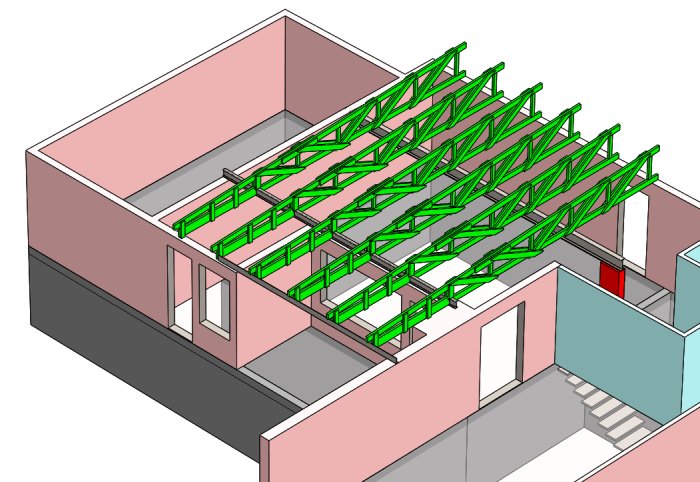 3D-modell av hus med synliga gröna takstolar över rosa och rödmålade rum, föreslagen konstruktion.