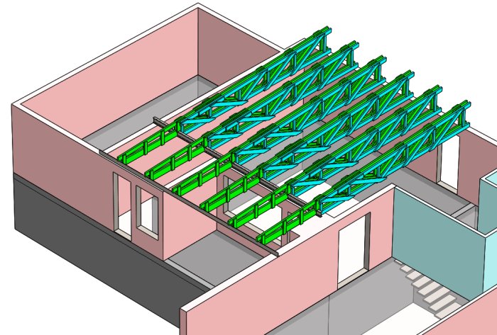 3D-illustration av ett hus utan tak med synliga takstolar och mellanväggar i olika färger.