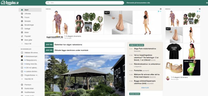 Skärmdump av en webbsida med flertalet annonser från Partykungen bland inlägg på ett byggforum.