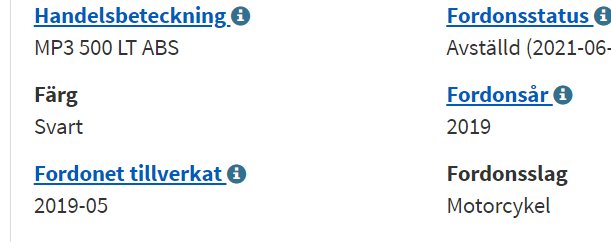Skärmklipp av fordonsspecifikation för en svart Piaggio MP3 500 LT ABS motorcykel från 2019.