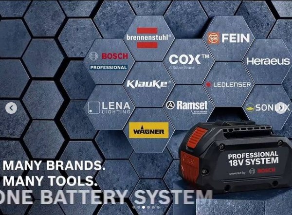 Bild på olika verktygsmärken och Bosch Professional batteri med text "Many brands. Many tools. One battery system".