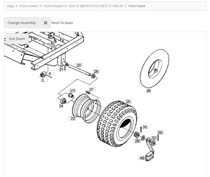 Exploded view diagram of a lawnmower wheel assembly with bearings and parts labels.