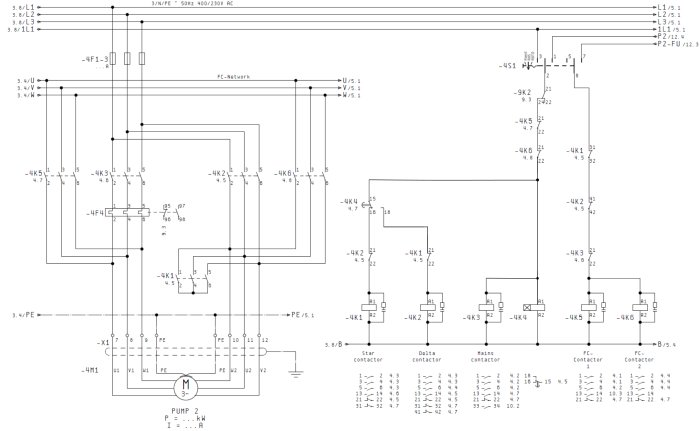 Elektriskt schema för Y/D-start med kontaktorer och hjälpkontakter för styrning av en motor.