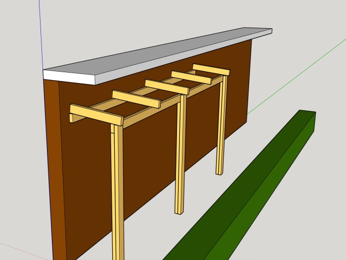 3D-modell av en takkonstruktion med träreglar och råspont under ytpapp.