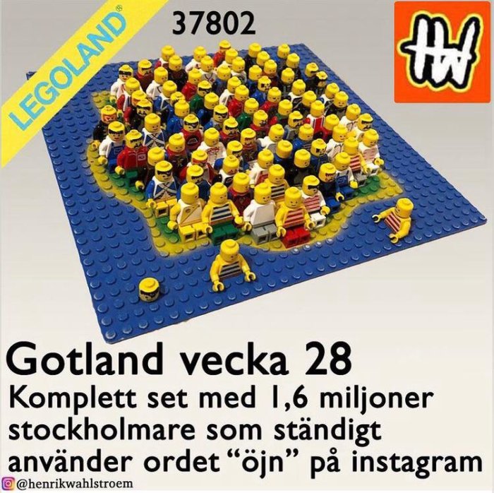 LEGO-samling med figurer på en blå platta, och text om Gotland och stockholmare med Instagram-referens.