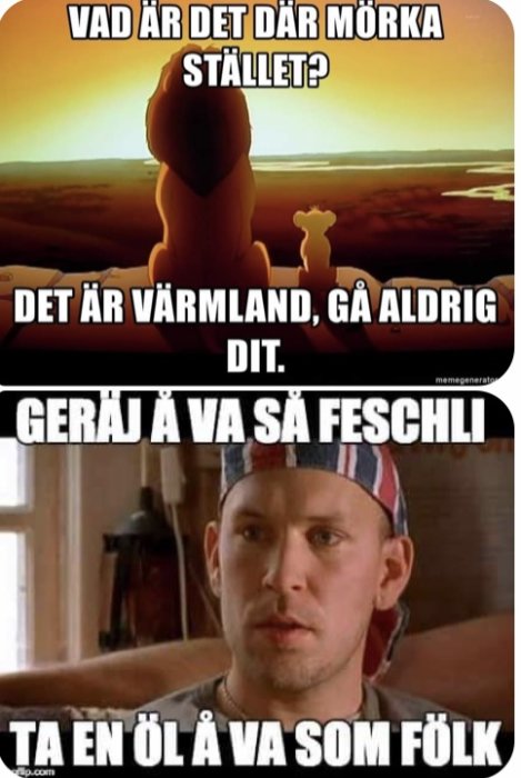 Meme med Lejonkungen och en text som skämtsamt nämner Värmland, samt en bild på en person med text på svenska dialekt.