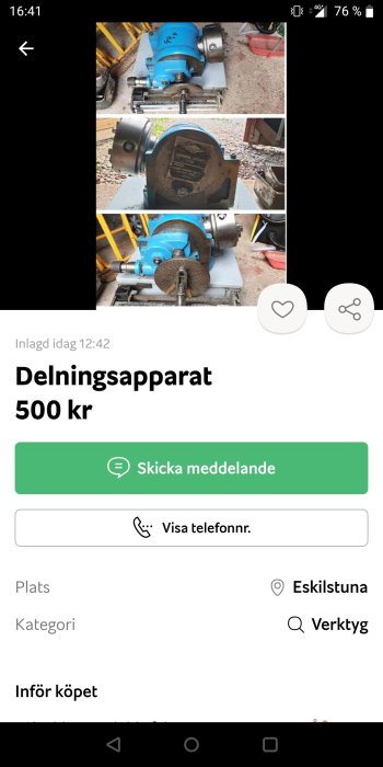 Alt: Delningsapparat i blått och grått, använt skick, på en verktygsmarknad. Pris 500 kr.