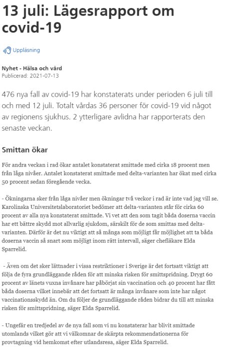 Skärmdump av en nyhetsartikel om Covid-19 med statistik över nya fall, vaccinationsdata och smittspridning i Stockholm.