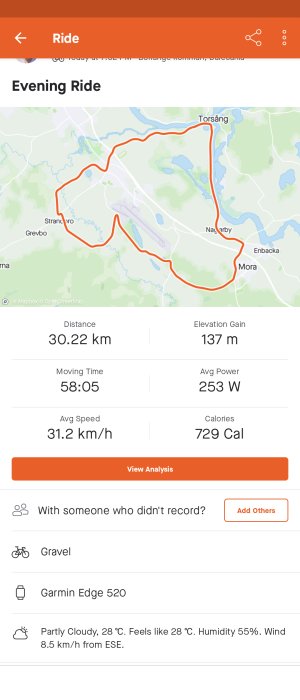 Skärmavbild av en cykeltur med ruta och statistik, inklusive distans, tid, hastighet och kaloriförbrukning.