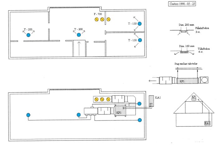 Schematisk ritning av luftkonditioneringssystem i en övervåning daterad 1998-05-25.