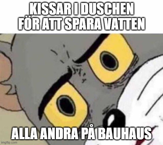 Meme med upprört tecknat ansikte och texten "Kissar i duschen för att spara vatten, alla andra på Bauhaus".