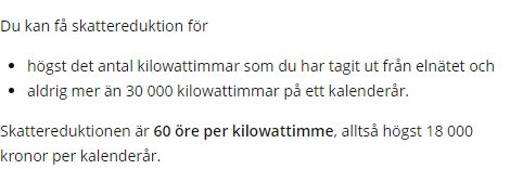 Text från Skatteverket om skattereduktion för mikroproduktion av förnybar el på högst 30 000 kWh per år.